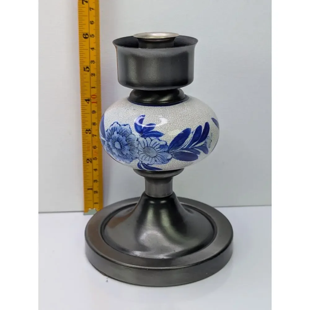 Blue White Floral Crackle Glaze Ceramic Pewter Tone Taper Candle Holder